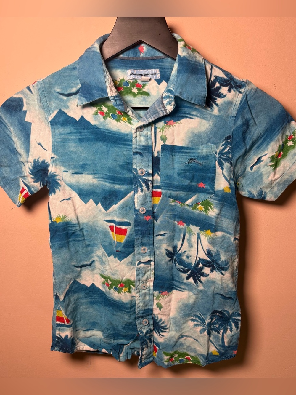 Tommy Bahama Boys Size 8 Tropical Hawaiian Rayon Camp Shirt Blue